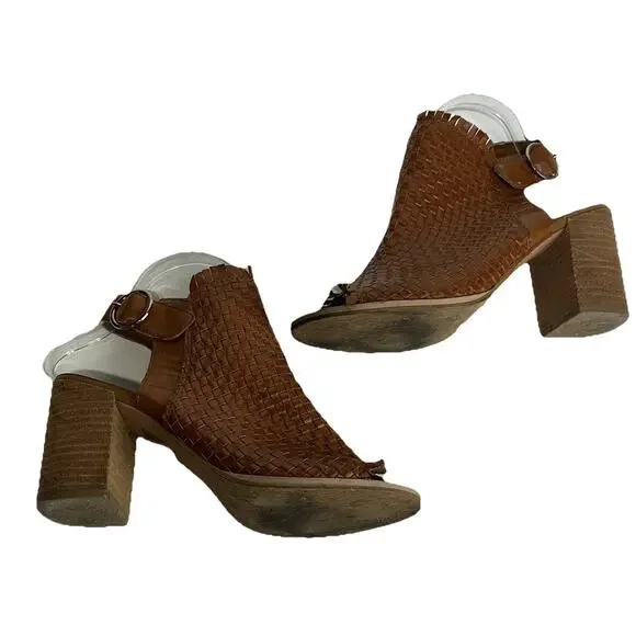Rebels Woven Brown Block Heel Peep Toe Elastic Slingback Sandals Size 8 - Picture 2 of 7